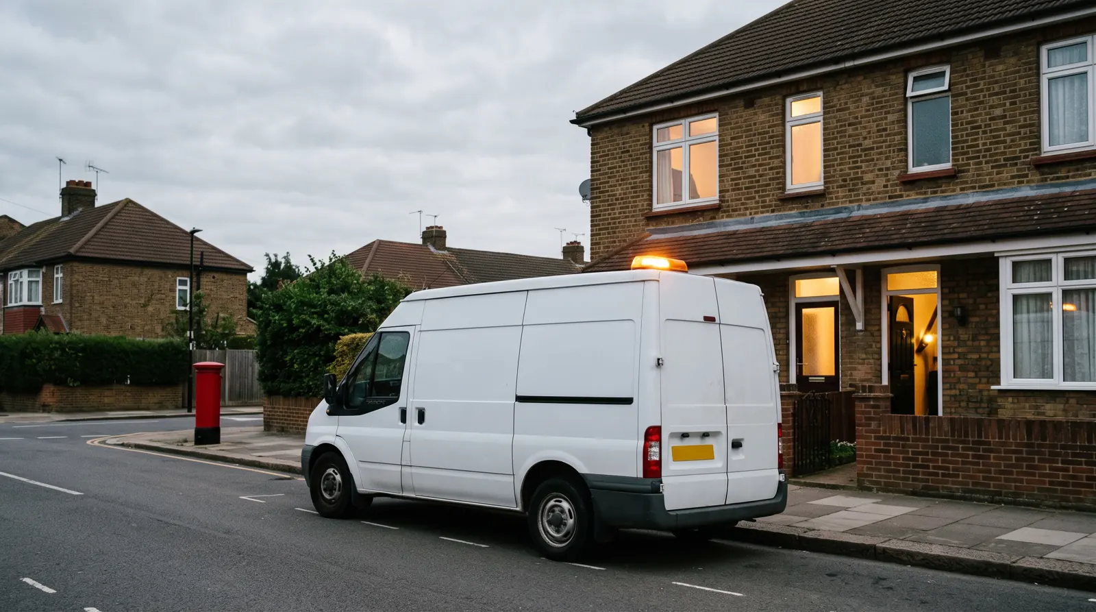 Electrician's van with amber beacon outside a house at dusk